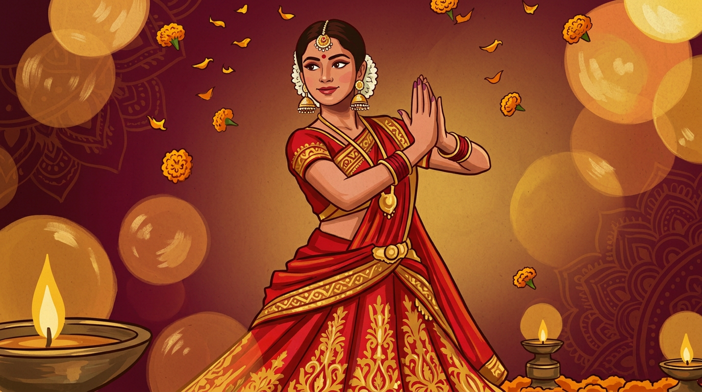 Indian classical Bollywood dancer in red lehenga with diyas and marigolds